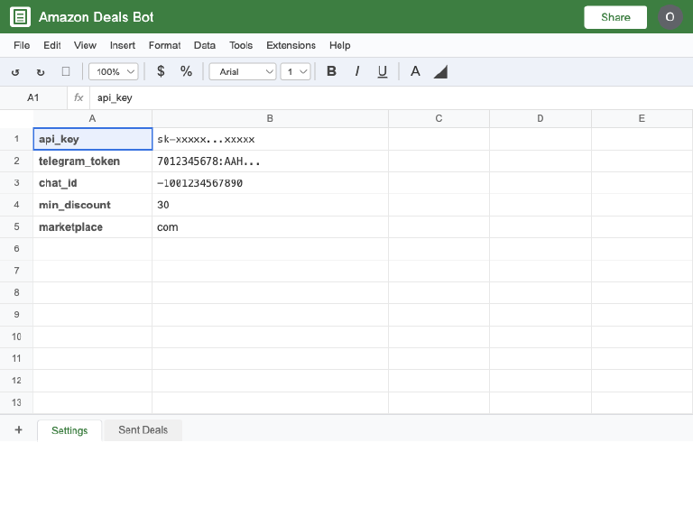 Configure your bot in minutes — paste your credentials here and the script reads them automatically on every run Google Sheets Settings tab with API key, Telegram token, chat ID, minimum discount, and marketplace