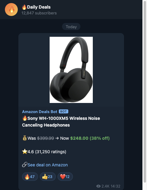 Real output from the bot — subscribers get everything they need to decide in under 3 seconds Telegram deal alert message with product image, price, discount, and direct Amazon link