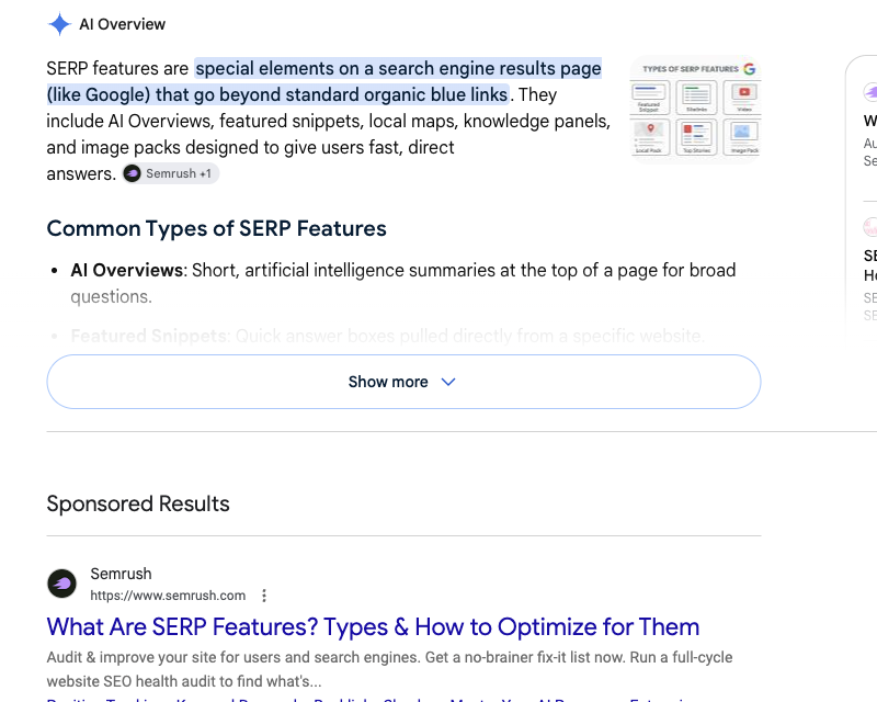 AI Overview SERP feature example AI Overview SERP feature example showing an AI-generated answer with source citations
