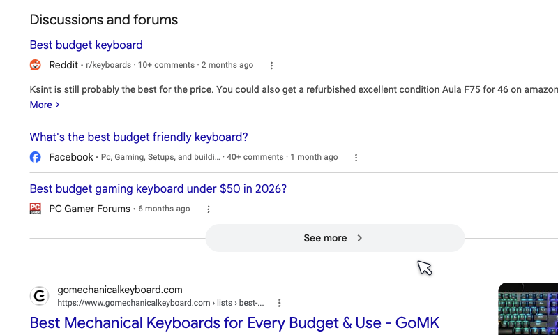 Discussions and forums SERP feature Discussions and forums SERP feature showing Reddit and forum threads