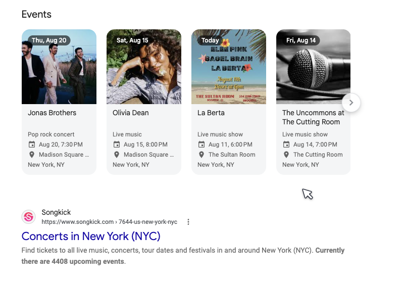 Events pack SERP feature Events pack SERP feature listing local events with dates