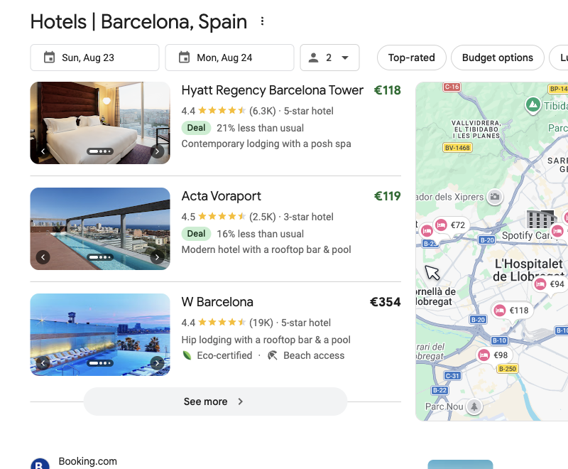 Hotel pack SERP feature Hotel pack SERP feature with map, prices, and booking filters
