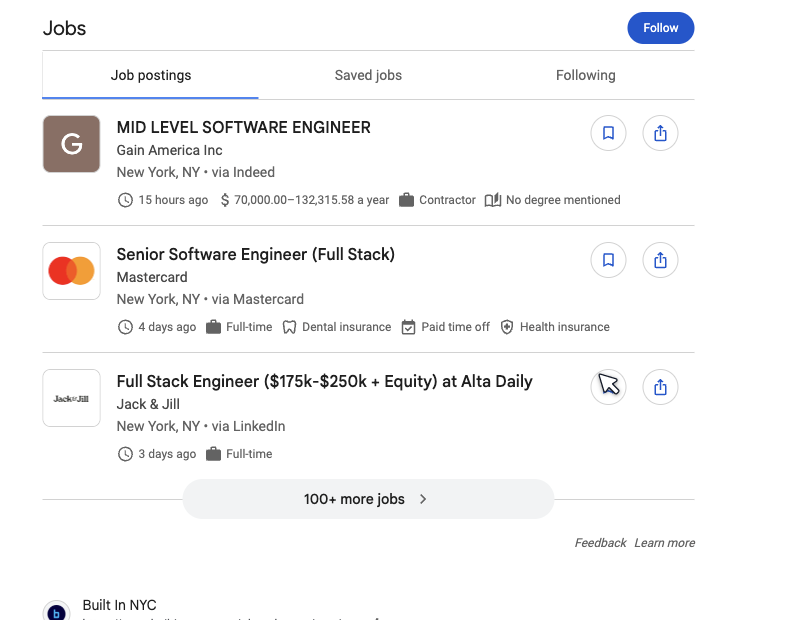 Google jobs pack SERP feature Google jobs pack SERP feature showing job listings with filters