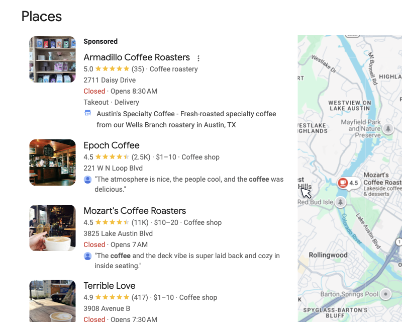 Local pack SERP feature Local pack SERP feature showing a map with three business listings