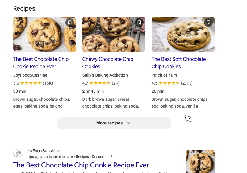 Recipe cards SERP feature Recipe cards SERP feature showing rich recipe results with images and ratings